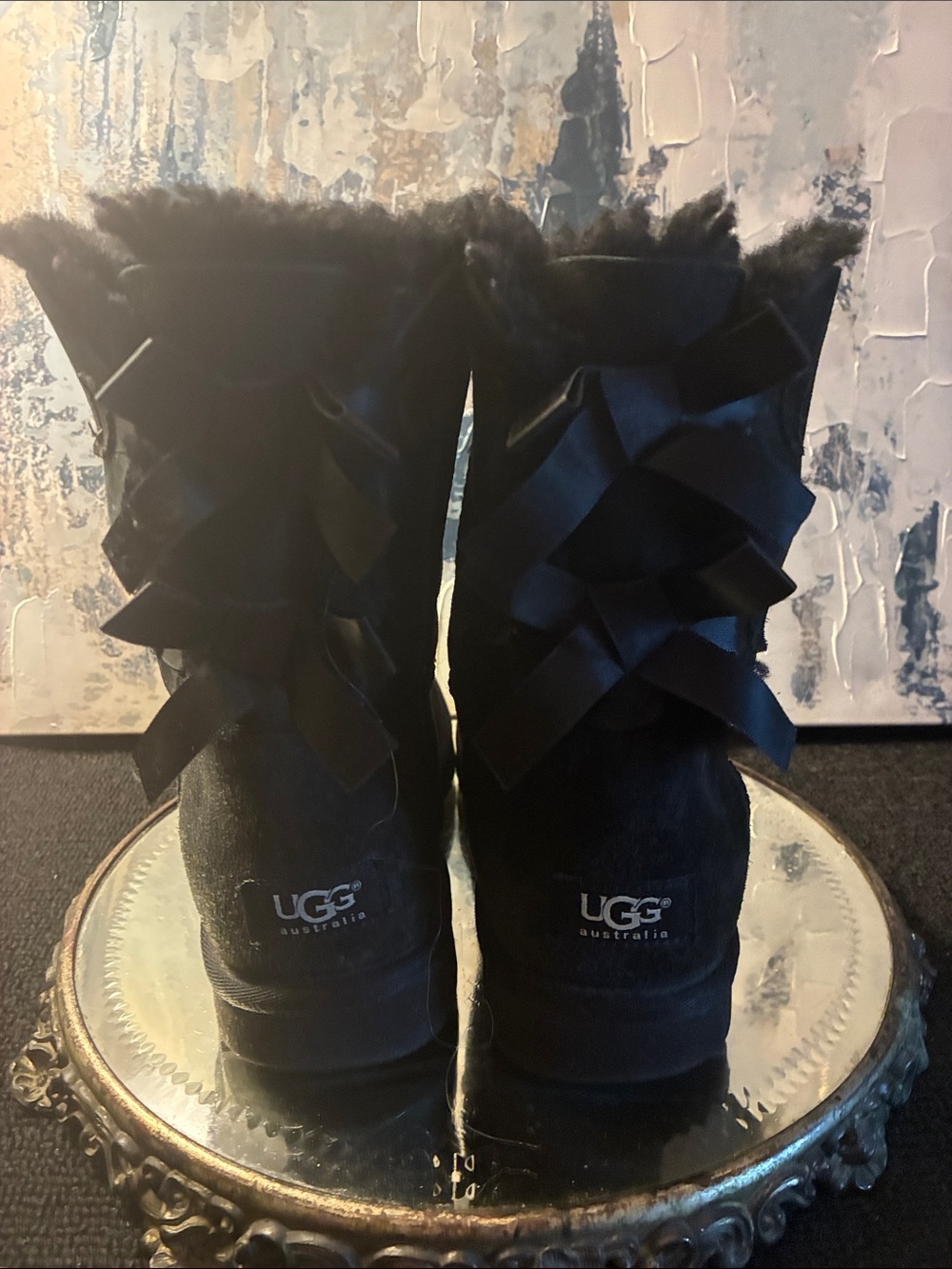 Genuine UGG Black Bailey Bow  Fur-Trim Ribbon Back Heeled Boots Womens Size 7